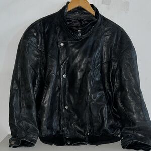 Blouson Moutton Black Leather Jacket  Dolman Sleeve V Pattern Biker Motorcycle
